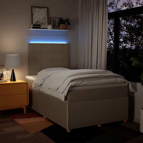 LED-valgustusega kontinentaalvoodi koos madratsiga, kreemjasvalge, 120 × 200 cm, kangas — mudel 3294328