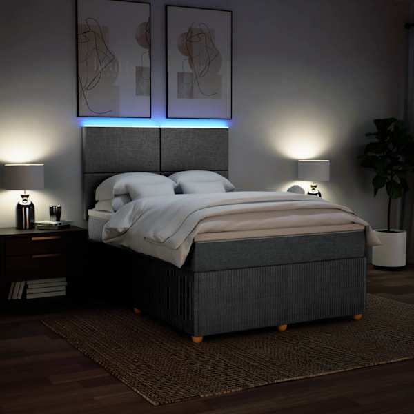 LED-valgustusega kontinentaalvoodi koos madratsiga, helehall, 140 × 190 cm, kangas — mudel 3294344