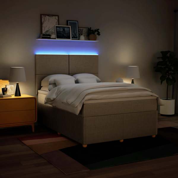 LED-valgustusega kontinentaalvoodi koos madratsiga, kreemjasvalge, 140 × 190 cm, kangas — mudel 3294349