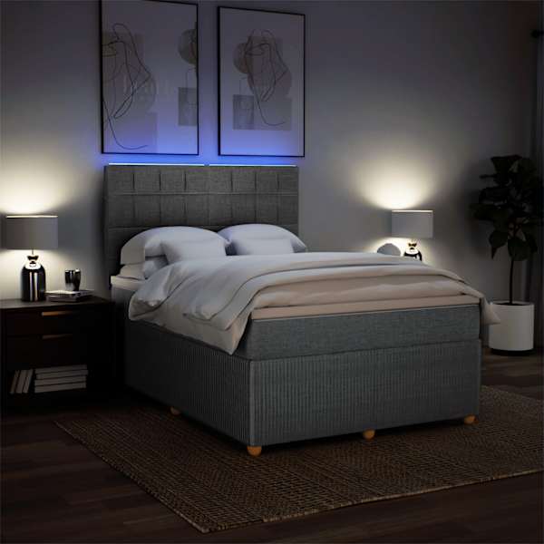 LED-valgustusega kontinentaalvoodi koos madratsiga, helehall, 140 × 190 cm, kangas — mudel 3294351
