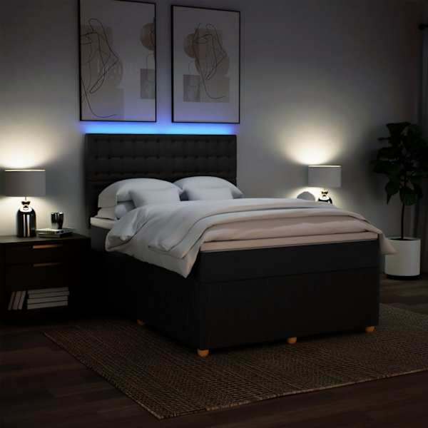 LED-valgustusega kontinentaalvoodi koos madratsiga, must, 140 × 190 cm, kangas — mudel 3294367