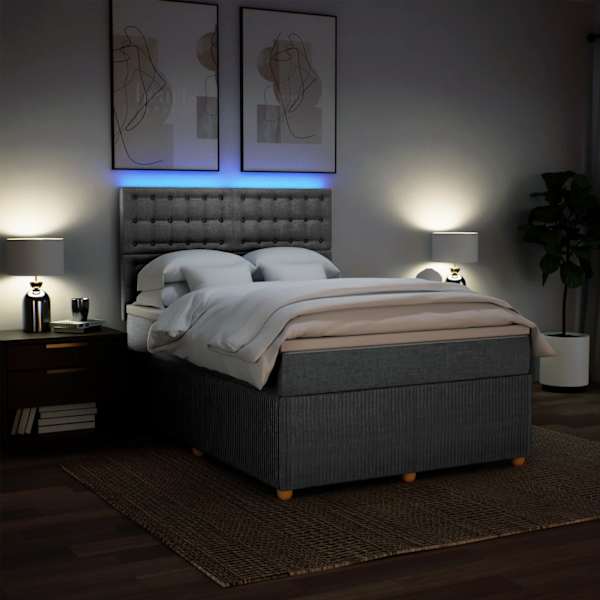 LED-valgustusega kontinentaalvoodi koos madratsiga, helehall, 140 × 200 cm, kangas — mudel 3294393