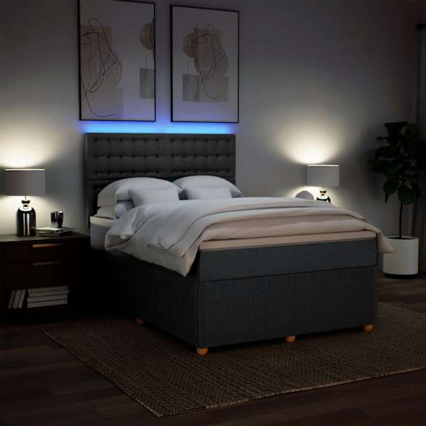 LED-valgustusega kontinentaalvoodi koos madratsiga, tumehall, 160 × 200 cm, kangas — mudel 3294422