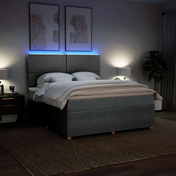LED-valgustusega kontinentaalvoodi koos madratsiga, helehall, 180 × 200 cm, kangas — mudel 3294428