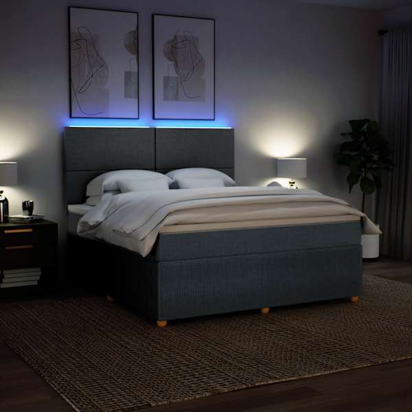 LED-valgustusega kontinentaalvoodi koos madratsiga, tumehall, 180 × 200 cm, kangas — mudel 3294429