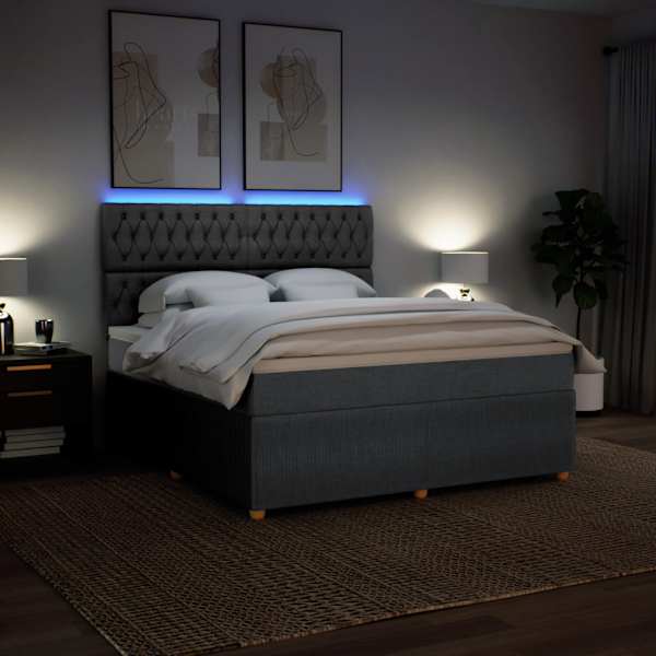 LED-valgustusega kontinentaalvoodi koos madratsiga, tumehall, 180 × 200 cm, kangas — mudel 3294443