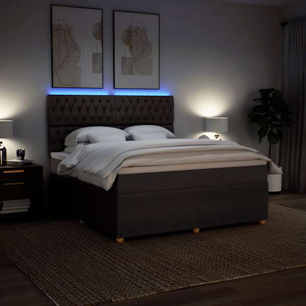 LED-valgustusega kontinentaalvoodi koos madratsiga, tumepruun, 180 × 200 cm, kangas — mudel 3294445