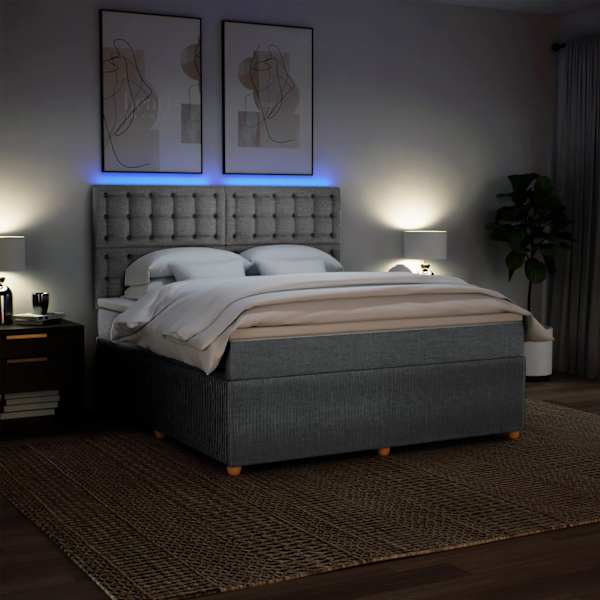 LED-valgustusega kontinentaalvoodi koos madratsiga, helehall, 180 × 200 cm, kangas — mudel 3294449
