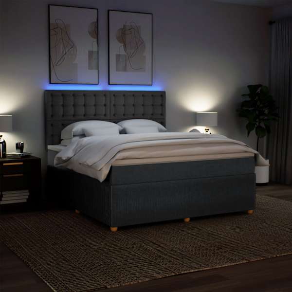 LED-valgustusega kontinentaalvoodi koos madratsiga, tumehall, 180 × 200 cm, kangas — mudel 3294450