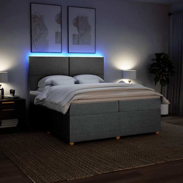 LED-valgustusega kontinentaalvoodi koos 2 madratsiga, helehall, 200 × 200 cm, kangas — mudel 3294456