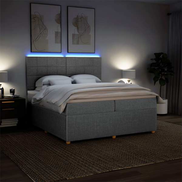 LED-valgustusega kontinentaalvoodi koos 2 madratsiga, helehall, 200 × 200 cm, kangas — mudel 3294463