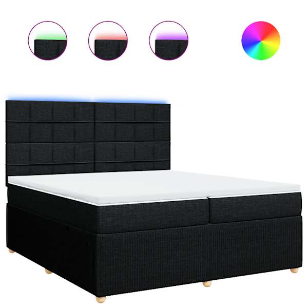 LED-valgustusega kontinentaalvoodi koos 2 madratsiga, must, 200 × 200 cm, kangas — mudel 3294465