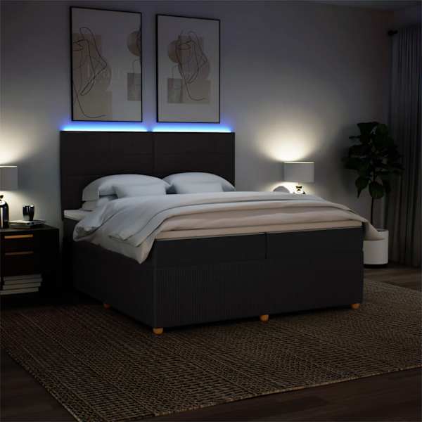 LED-valgustusega kontinentaalvoodi koos 2 madratsiga, must, 200 × 200 cm, kangas — mudel 3294465