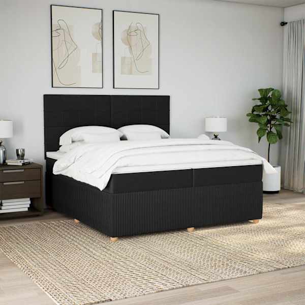 LED-valgustusega kontinentaalvoodi koos 2 madratsiga, must, 200 × 200 cm, kangas — mudel 3294465