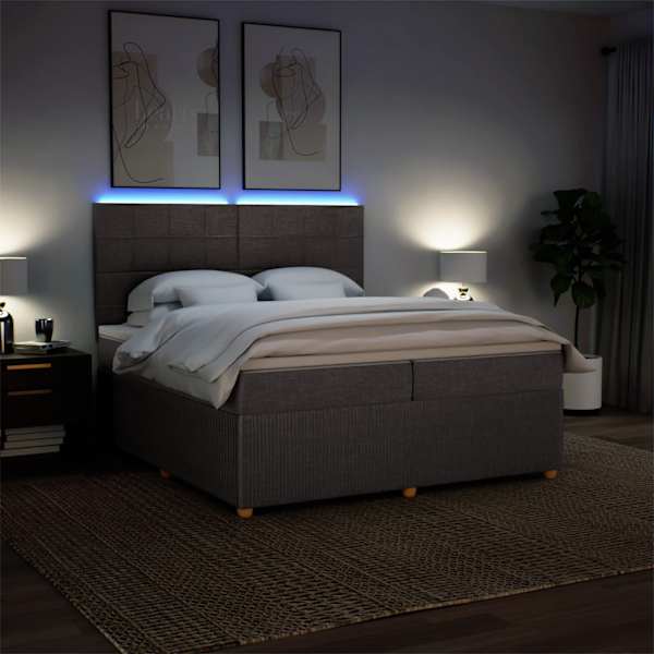 LED-valgustusega kontinentaalvoodi koos 2 madratsiga, pruunikashall, 200 × 200 cm, kangas — mudel 3294467