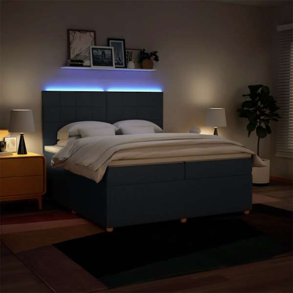 LED-valgustusega kontinentaalvoodi koos 2 madratsiga, sinine, 200 × 200 cm, kangas — mudel 3294469