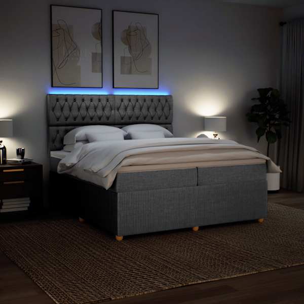 LED-valgustusega kontinentaalvoodi koos 2 madratsiga, helehall, 200 × 200 cm, kangas — mudel 3294470