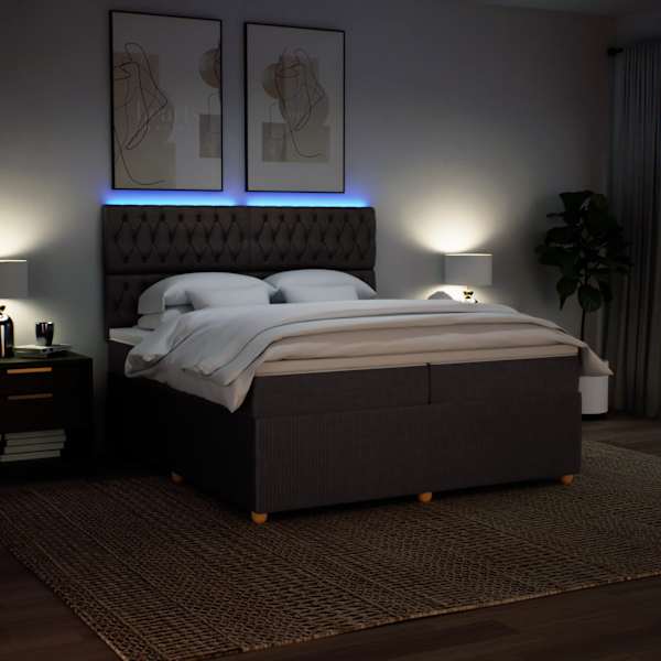 LED-valgustusega kontinentaalvoodi koos 2 madratsiga, tumepruun, 200 × 200 cm, kangas — mudel 3294473