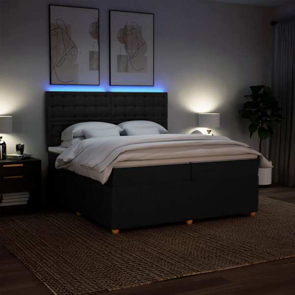 LED-valgustusega kontinentaalvoodi koos 2 madratsiga, must, 200 × 200 cm, kangas — mudel 3294479