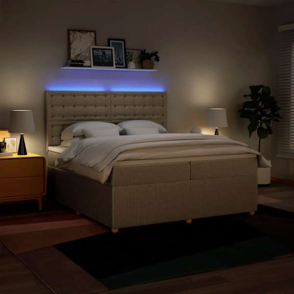 LED-valgustusega kontinentaalvoodi koos 2 madratsiga, kreemjasvalge, 200 × 200 cm, kangas — mudel 3294482