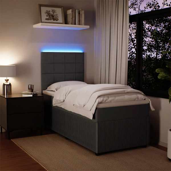 LED-valgustusega kontinentaalvoodi koos madratsiga, tumehall, 90 × 190 cm, samet — mudel 3294515