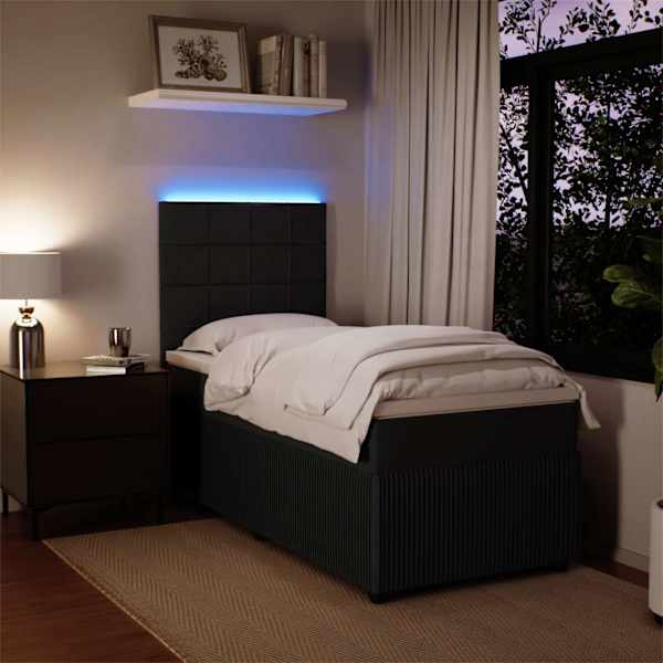 LED-valgustusega kontinentaalvoodi koos madratsiga, must, 90 × 190 cm, samet — mudel 3294516