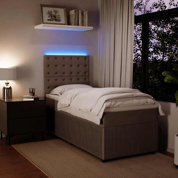 LED-valgustusega kontinentaalvoodi koos madratsiga, helehall, 90 × 190 cm, samet — mudel 3294526