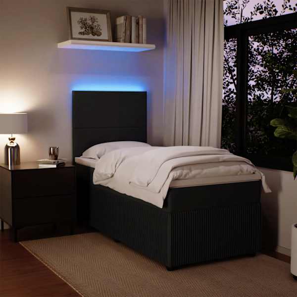 LED-valgustusega kontinentaalvoodi koos madratsiga, must, 90 × 200 cm, samet — mudel 3294534