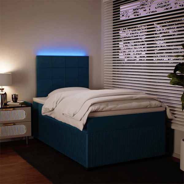 LED-valgustusega kontinentaalvoodi koos madratsiga, sinine, 120 × 190 cm, samet — mudel 3294590