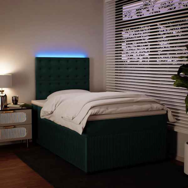 LED-valgustusega kontinentaalvoodi koos madratsiga, tumeroheline, 120 × 190 cm, samet — mudel 3294601