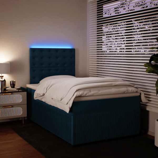 LED-valgustusega kontinentaalvoodi koos madratsiga, sinine, 120 × 190 cm, samet — mudel 3294602
