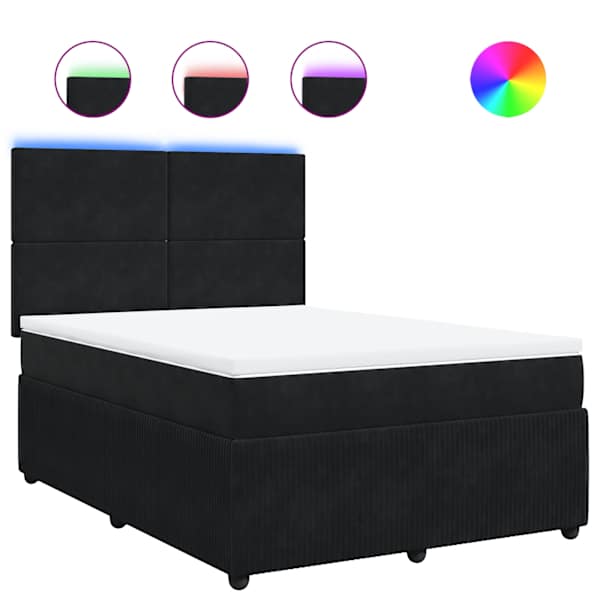 LED-valgustusega kontinentaalvoodi koos madratsiga, must, 140 × 190 cm, samet — mudel 3294630