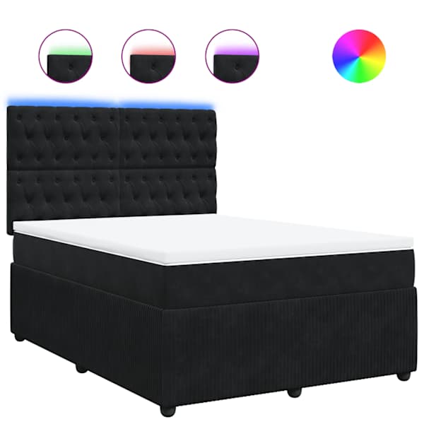 LED-valgustusega kontinentaalvoodi koos madratsiga, must, 140 × 190 cm, samet — mudel 3294642
