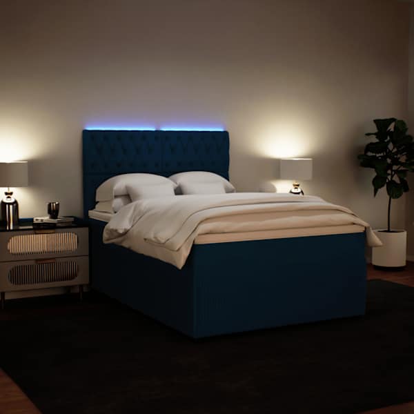 LED-valgustusega kontinentaalvoodi koos madratsiga, sinine, 140 × 200 cm, samet — mudel 3294668