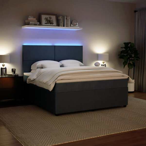LED-valgustusega kontinentaalvoodi koos madratsiga, tumehall, 180 × 200 cm, samet — mudel 3294701