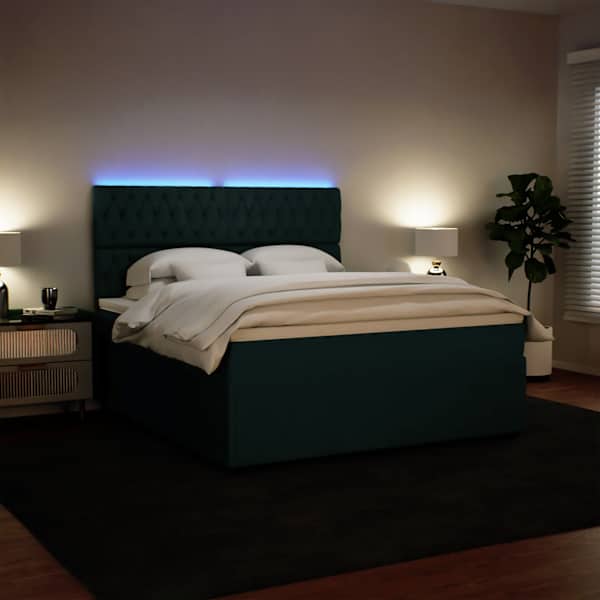 LED-valgustusega kontinentaalvoodi koos madratsiga, tumeroheline, 180 × 200 cm, samet — mudel 3294715