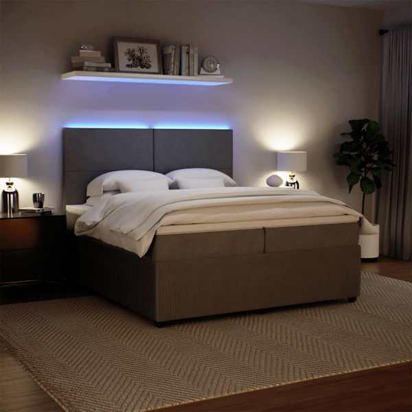 LED-valgustusega kontinentaalvoodi koos 2 madratsiga, helehall, 200 × 200 cm, samet — mudel 3294724