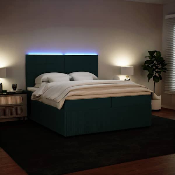 LED-valgustusega kontinentaalvoodi koos 2 madratsiga, tumeroheline, 200 × 200 cm, samet — mudel 3294733