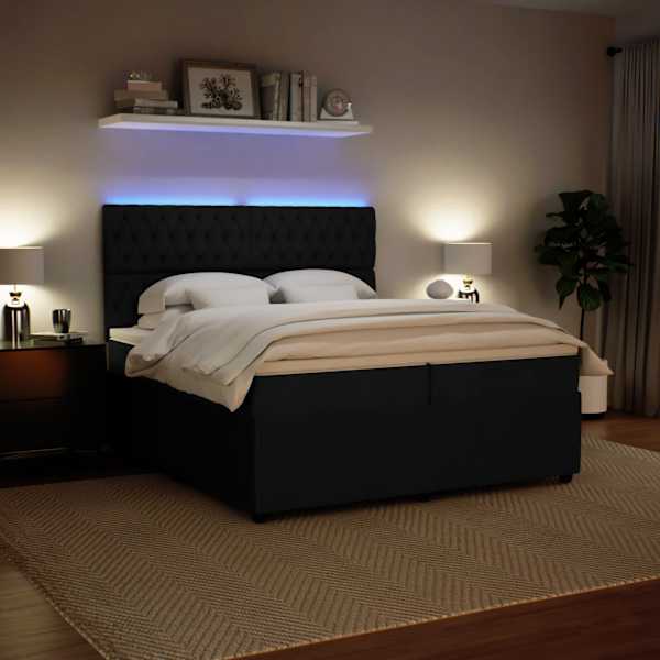 LED-valgustusega kontinentaalvoodi koos 2 madratsiga, must, 200 × 200 cm, samet — mudel 3294738