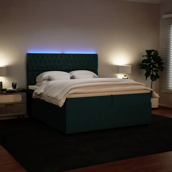 LED-valgustusega kontinentaalvoodi koos 2 madratsiga, tumeroheline, 200 × 200 cm, samet — mudel 3294739
