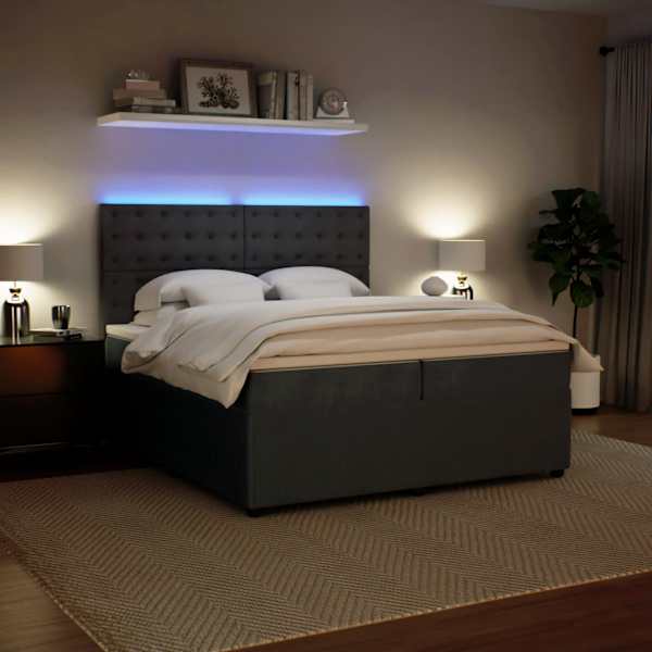 LED-valgustusega kontinentaalvoodi koos 2 madratsiga, tumehall, 200 × 200 cm, samet — mudel 3294743