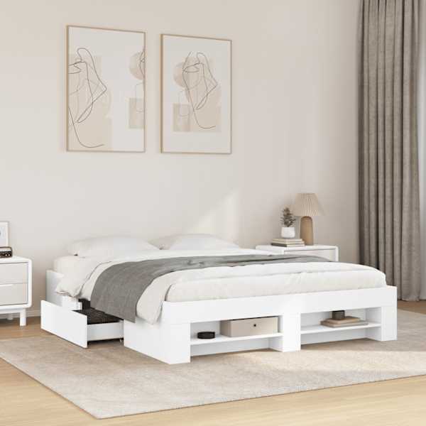 Sahtlitega voodiraam, valge, 150 × 200 cm, tehispuit — mudel 3295464