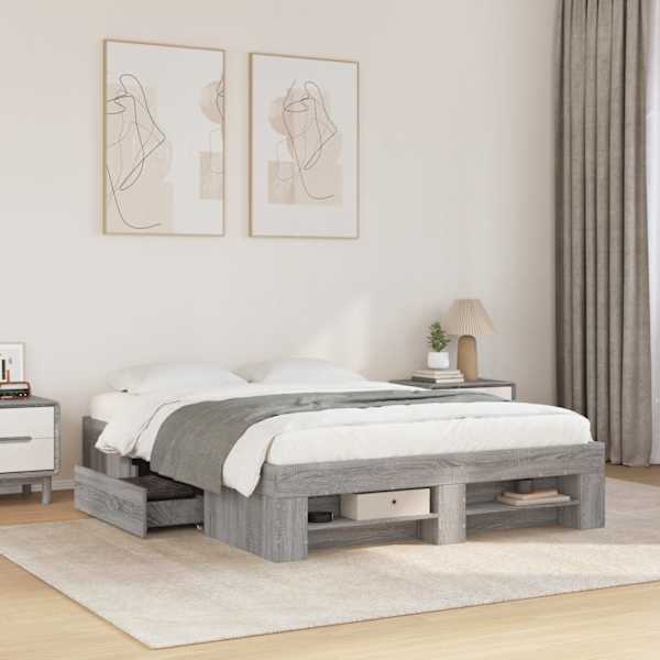 Sahtlitega voodiraam, hall sonoma tamm, 140 × 200 cm, tehispuit — mudel 3295476