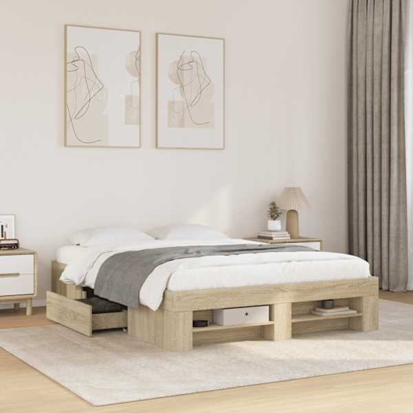 Sahtlitega voodiraam, sonoma tamm, 135 × 190 cm, tehispuit — mudel 3295508