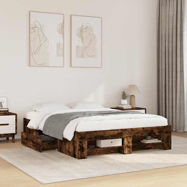 Sahtlitega voodiraam peatsiga, suitsutatud tamm, 120 × 190 cm — mudel 3295517