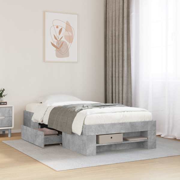 Sahtlitega voodiraam, betoonhall, 90 × 190 cm, tehispuit — mudel 3295523