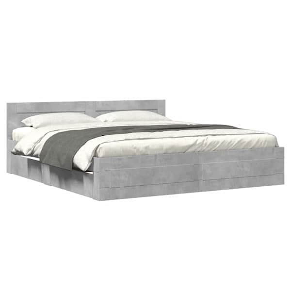 Sahtlitega voodiraam peatsiga, betoonhall, 180 × 200 cm, tehispuit — mudel 3295544