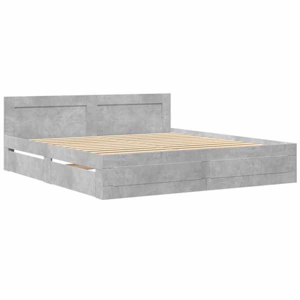 Sahtlitega voodiraam peatsiga, betoonhall, 180 × 200 cm, tehispuit — mudel 3295544
