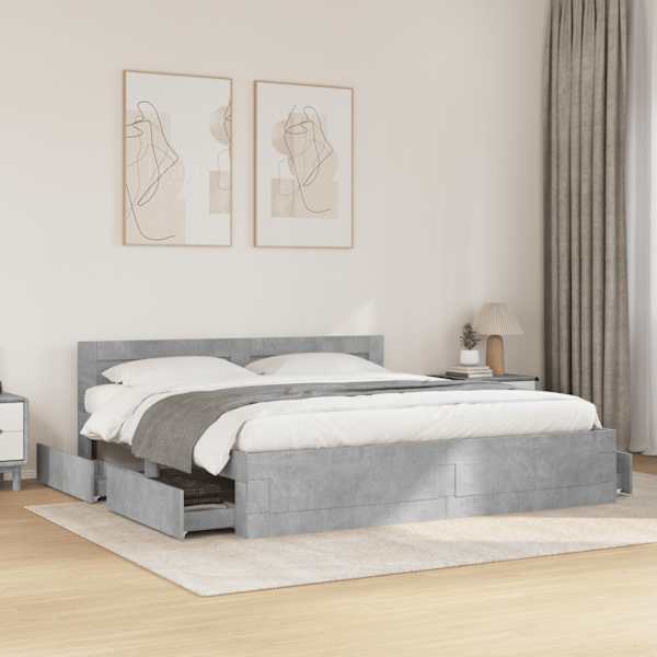 Sahtlitega voodiraam peatsiga, betoonhall, 180 × 200 cm, tehispuit — mudel 3295544