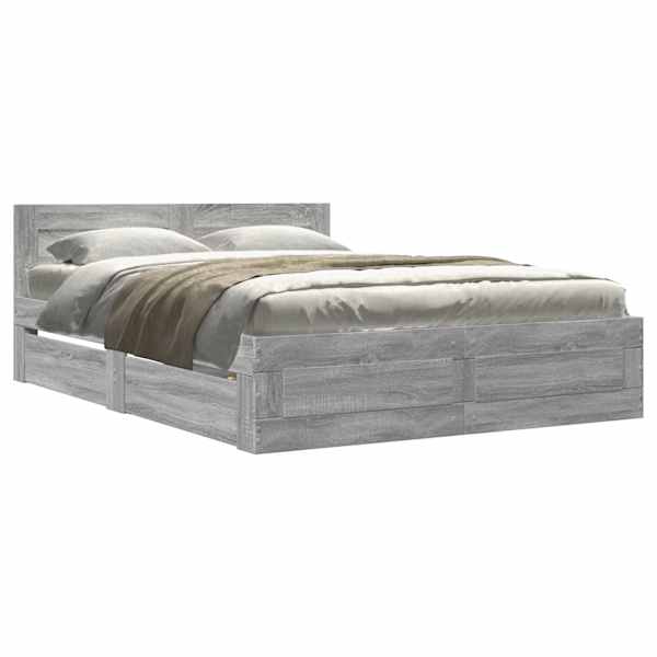 Sahtlitega voodiraam peatsiga, hall sonoma tamm, 140 × 200 cm, tehispuit — mudel 3295567